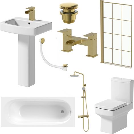 Complete Bathroom Suite 1600mm Single Ended Curved Bath Brushed Brass Grid Screen Shower Close Coupled Toilet Basin Pedestal Waterfall Taps Waste (1/5)