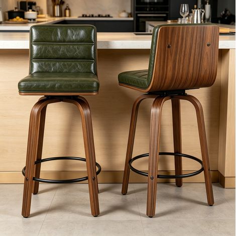 Sgabello da bar girevole in PU, schienale ergonomico, gambe in legno curvate, verde HAVRYA (1/5)