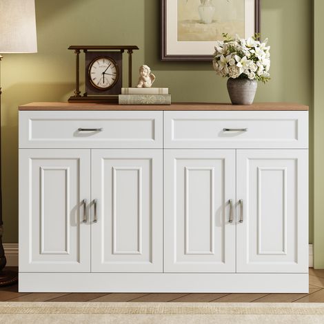 Credenza in truciolare bianco e effetto legno 120 x 35 x 80,5 cm con 4 ante, 2 cassetti e 2 ripiani regolabili
