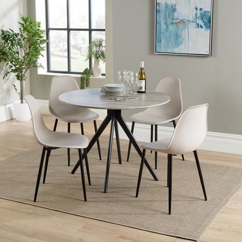 Aspen Round Dining Table and 4 Curve Plastic Seats Chairs with Metal Legs - Grey Oak/Calico/Black - Flat Packed