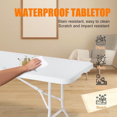 Table pliante portable robuste de 244 cm avec poignée, table pliable multifonctionnelle pour le camping, les pique-niques et les fêtes en intérieur/extérieur, capacité de charge 135 kg (blanche) (1/5)