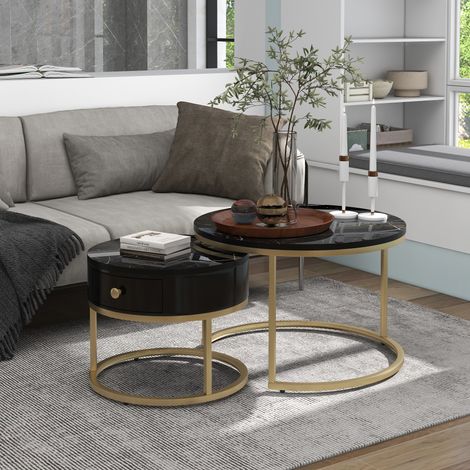 Nesting Couchtisch Marmoroptik 2er Set rund, Satztische modern mit Gold-Metallgestell, 70x70x48 cm (1/5)