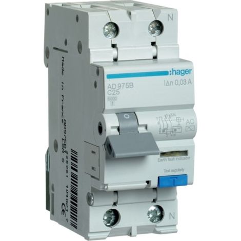 Ad975b Disjoncteur Différentiel Hager 1p+n 25a 30ma 6ka Type Ac - Neutre à Droite - Auxiliarisable