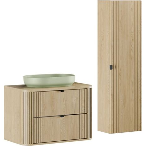 Set da bagno KORI: mobile sottolavabo 80cm + piano per lavabo + lavabo da appoggio + colonna di stoccaggio