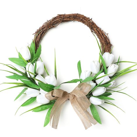 Couronne décorative à suspendre pour porte d'entrée, fleurs artificielles blanches avec cercle en rotin, idéale pour les fêtes de printemps. (1/5)