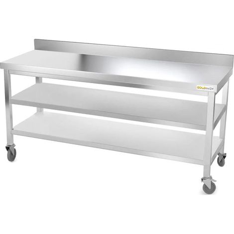 Table de travail en inox 2000 x 600 mm adossée avec 2 étagères sur roulettes PREMIUM - GOLDINOX (1/4)