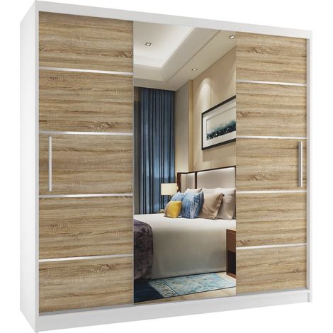 BELINI Grande Armoire 3 Portes Coulissantes VERONA MT 200 cm - Miroir Intégré & 4 Tiroirs - Chambre Adulte - Blanc / Chêne Sonoma (1/5)