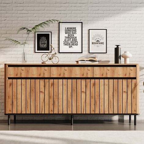 Buffet bas 160x40x73cm Meuble TV-3 tiroirs,3 portes à lattes,6 pieds métal noirs,MDF effet chêne (1/5)
