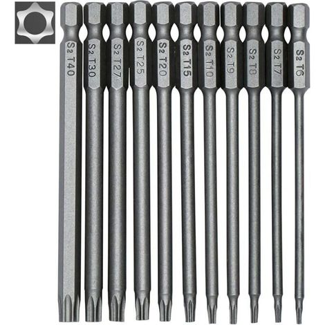 Jeu de 11 embouts longs Torx pour tournevis et visseuse électrique - Embouts magnétiques - Tige hexagonale de 1/4" - Tailles T6 à T40 - Longueur 100 mm-