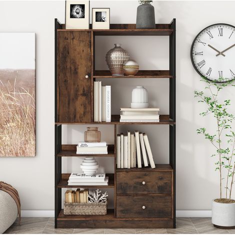 Bücherregal schwarzbraun aus Holzwerkstoff mit Türen, Schubladen und offenem Stauraum im Industrie-Stil (1/5)
