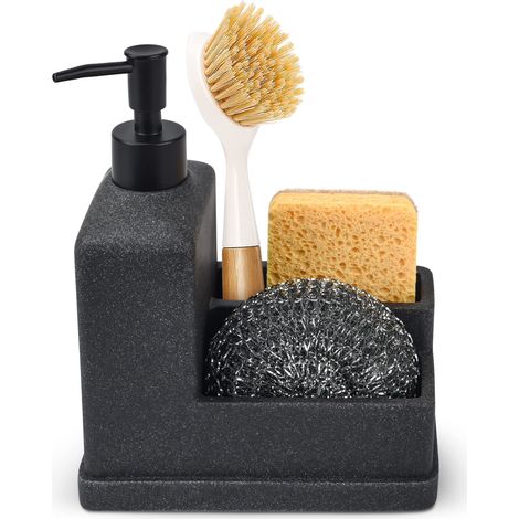 Distributeur de Savon avec Porte-éponge, Distributeur de Savon Liquide pour Les Mains et la Vaisselle et Porte-Brosse avec Support de Brosse Organiseur 3 en 1 pour évier de Cuisine et Salle de Bain (1/5)