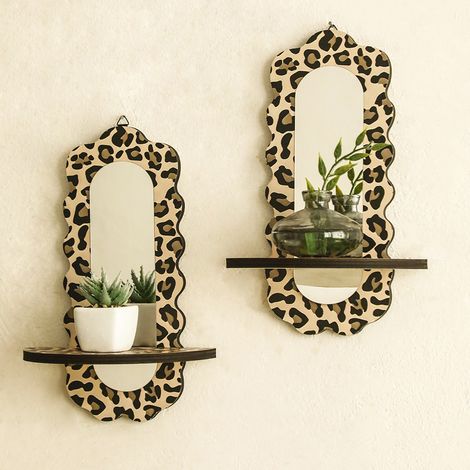 Lot de 2 miroirs muraux à motif léopard avec petites étagères flottantes, décoration murale en bois, miroir en acrylique pour exposer des plantes (1/5)