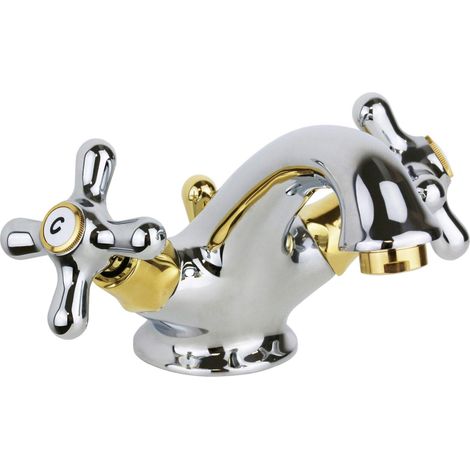 Elegante grifo de doble palanca para lavabo de baño en color cromo-oro Paffoni Iris IRV065CO  Cromo / Dorado - Iris - Desagüe automático 1"1/4 (1/2)