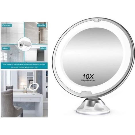 Grossissant Miroir Maquillage 10x,avec Lumières LED Ajustable à 360° Miroir Cosmétique Portable,pour Salle de Bain,Voyage (1/4)