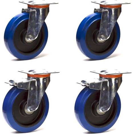 Lot de 4 roulettes pivotantes et pivotantes à frein caoutchouc EASYROLL® BLEU 160 mm charge - 900 Kg (1/3)