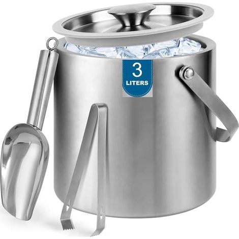 Seau à glace en acier inoxydable à double paroi isolante, couvercle et pinces, pour usage domestique.-AquaForge (1/5)
