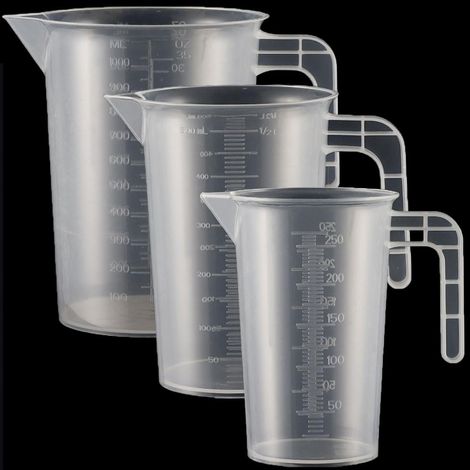 Lot de 3 verres doseurs en plastique avec poignée et graduation de gramme 250 + 500 + 1000 ml, Résistant à la chaleur, Pour détergent, Graduation fine, Convient à un usage alimentaire transparent (1/5)