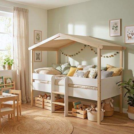Le Quai Des Affaires – Lit cabane PILOTI 90x190 – Sommier 12 lattes – Matelas mousse haute résilience 90x190 – Toit amovible en toile polyester beige - 1sommier