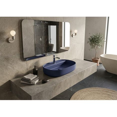 Lavabo ovale da appoggio senza troppo pieno in ceramica con foro rubinetto - Blu Opaco