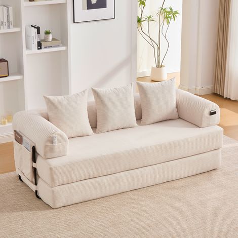 Divano trasformabile a 3 posti, divano dritto con 3 cuscini, mobile per soggiorno/camera da letto, struttura in metallo, tessuto in velluto a coste, beige (1/5)