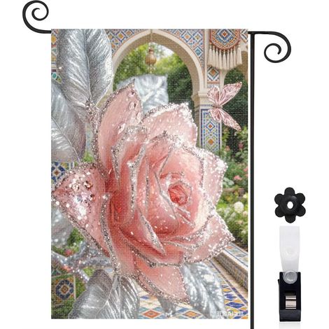 Drapeau de jardin rose rose et feuilles métalliques 30 x 45 cm décoration terrasse et extérieur (1/5)