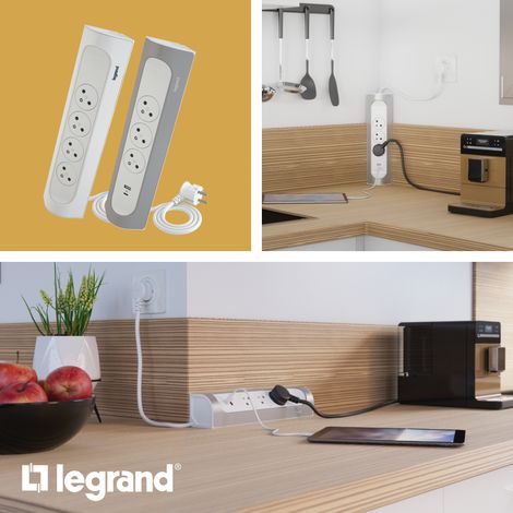LEGRAND - Multiprise à installer dans angle avec 3 prises Surface avec terre et prise USB Type-A+ Type-C , sans cordon , à câbler - blanc et alu (1/5)