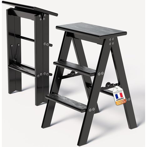Folding 3 Step Ladder, Folding Wooden Step Stool, Folding Ladder Chair, Sturdy and Non-Slip for Home, Kitchen and Office (Black K1) (1/3)