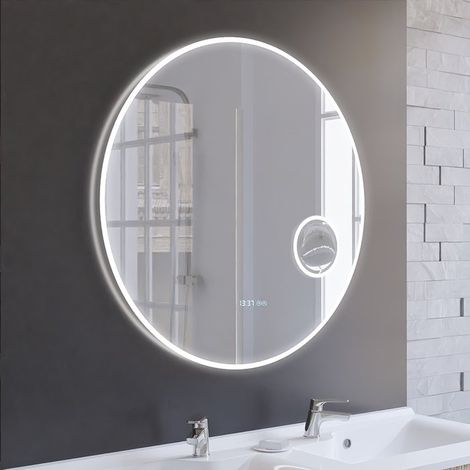 Cuisibane – Miroir lumineux de salle de bain rond 80 cm – Éclairage LED 1900 lumens – Interrupteur sensitif – Anti-buée et loupe x5 (1/9)