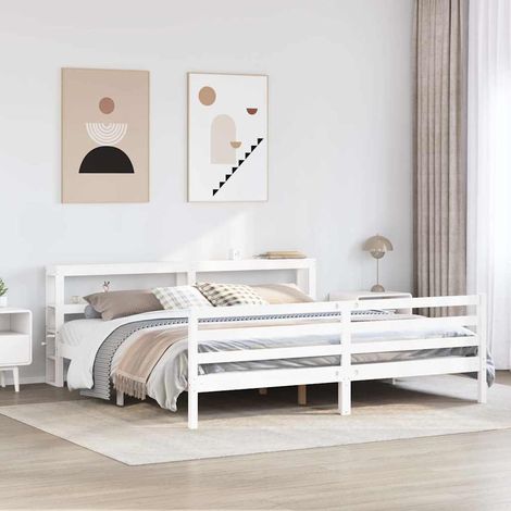 Cadre de lit 200 x 200 cm avec tête de lit et étagères, pin massif blanc, sans matelas, 44.44kg - PANGIVO (1/5)