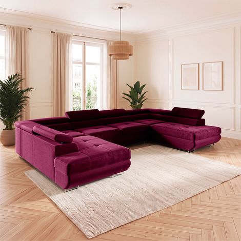Petits-Meubles – Canapé en U 5 places convertible avec coffre – Tissu velours hydrofuge – Appuie-têtes réglables – Couchage 252 x 125 cm – Bordeaux (1/4)