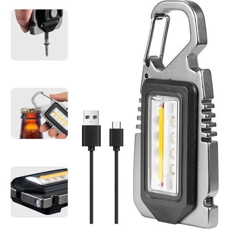 Linterna LED de emergencia multifuncional con llavero: Mini linterna LED recargable, impermeable y portátil con llavero, luz de trabajo con abridor de botellas para acampar, iluminación de emergencia  (1/4)