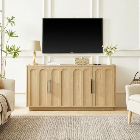 Buffet à façade cintrée, 4 portes, charnières à fermeture amortie et dispositif anti-basculement, meuble de rangement de 160 cm de large pour salon et salle à manger, coloris bois
