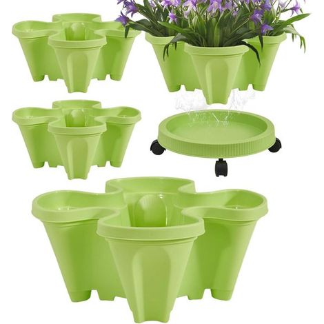 Macetero apilable - Torre de macetas para jardín - Jardinería vertical - Con ruedas extraíbles - 4 macetas - Verde (1/5)