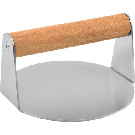 Presse à viande ronde en acier inoxydable 304 avec manche en bois, réutilisable, pour hamburgers et steaks hachés (1/5)