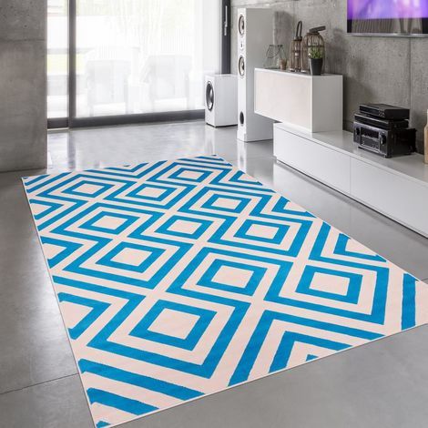 Tapis Chambre 60x110 bleu rectangle tissé motif géométrique LYN49 NICE (1/5)