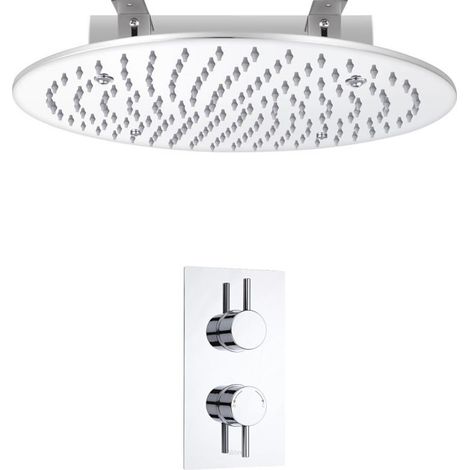 Milano Mirage – 1 Outlet Twin Thermostatic Mixer Shower Valve with 400mm Ceiling Mounted Recessed Round Rainfall Shower Head - Chrome (1/5)