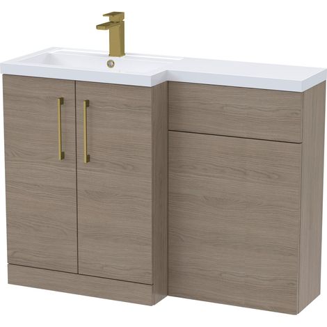 Balterley Left-Hand Bathroom Vanity and WC Unit Combination with Basin - 1100mm - Woodgrain Mid Oak with Brushed Brass Handles