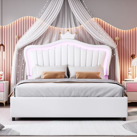 Cama baúl adulto de 140x200 cm con iluminación LED, base de láminas y cabecero, sin colchón, de piel sintética blanco (1/5)