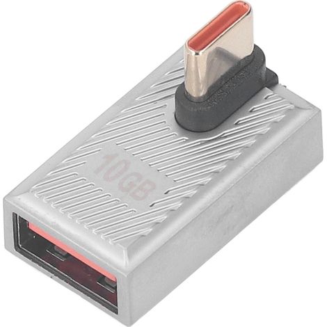 Adaptateur USB femelle vers USB-C mâle à angle droit avec témoin lumineux, convertisseur USB-C 10 Gbit/s 120 W pour téléphones portables, ordinateurs portables et tablettes.