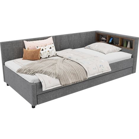 Canapé-lit 90x200 cm avec lit gigogne, rangement tête de lit, USB-A et USB-C, bande LED multicolore, gris, structure en MDF et tissu - CHICFURN (1/5)
