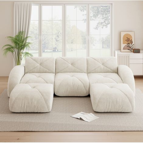 Divano modulare a U 3 posti senza telaio in ciniglia beige chiaro con 2 pouf OKWISH (1/5)