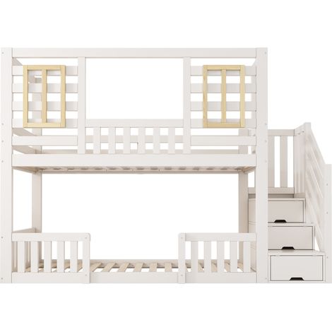 Letto a castello per bambini 90 x 200 cm bianco stile casetta con scala contenitore (1/5)