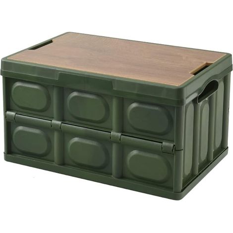 Boîte de rangement pliable en bois avec couvercle en bois PP - 55 l - Vert foncé (1/5)