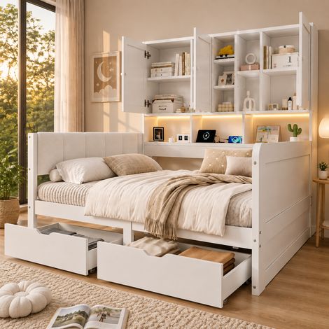 Lit enfant, lit de rangement 90x200 avec éclairage LED, prises de charge USB et tiroirs, tête de lit rembourrée en PU, lit de jour, lit en bois en forme de L, lit de jour avec étagères et armoires, bl (1/5)