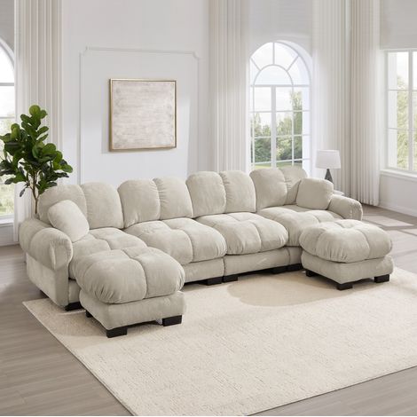 Sofá esquinero modular U de 4 plazas chenilla color caqui claro (1/5)