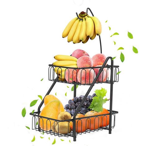 Corbeille à fruits à 2 niveaux avec support banane (noir) (1/5)