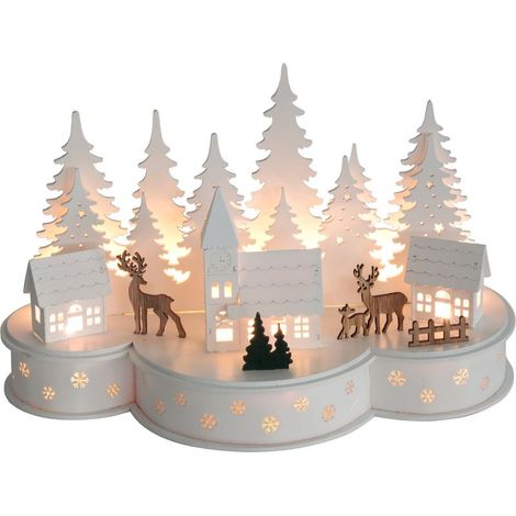 Dekoration MagicHome Weihnachten, Dorf mit Hirschen, 10 LED warmweiß, 2xAA, MDF, 30x14x19,5 cm (1/2)
