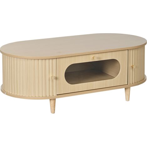 Table basse en MDF couleur bois avec tiroir en verre et portes coulissantes 100 x 50 x 36 cm (1/5)