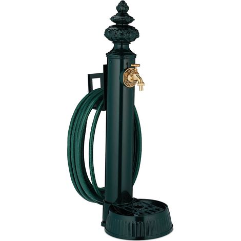 Relaxdays Fuente de Pie Vintage, Grifo y Lavabo, 87 x 26 x 43 cm, Bebedero Antiguo para Jardín, Soporte Manguera, Verde