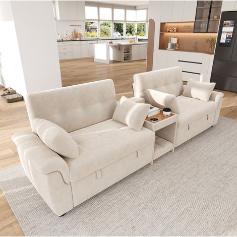Divano letto a U 284x138x89 cm in ciniglia beige, 2 posti letto, salvaspazio – MEUBLIV (1/5)